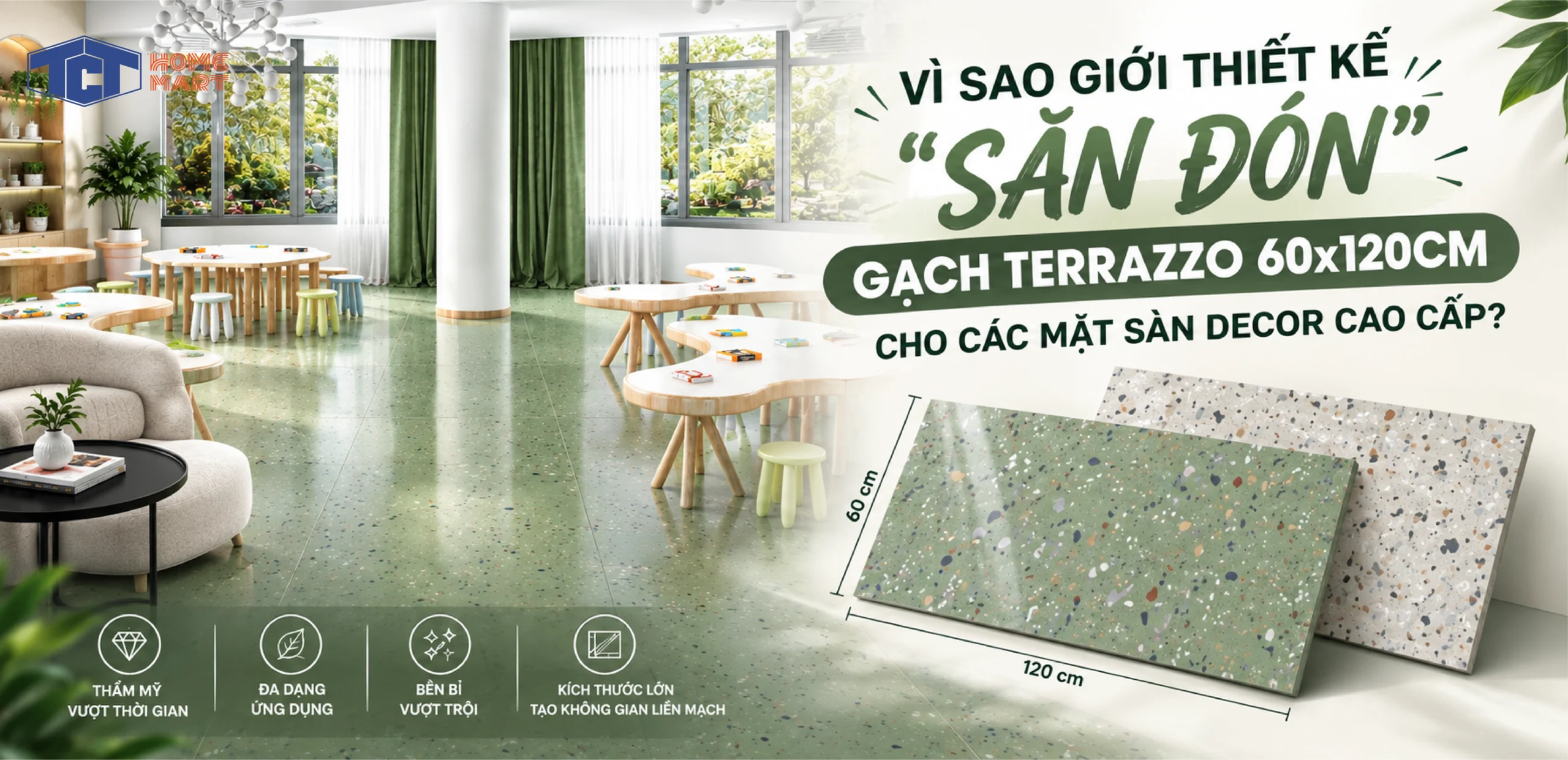 Gạch Terrazzo 60x120cm mang lại hiệu ứng sàn nhà liền mạch và nâng tầm sang trọng cho phòng khách