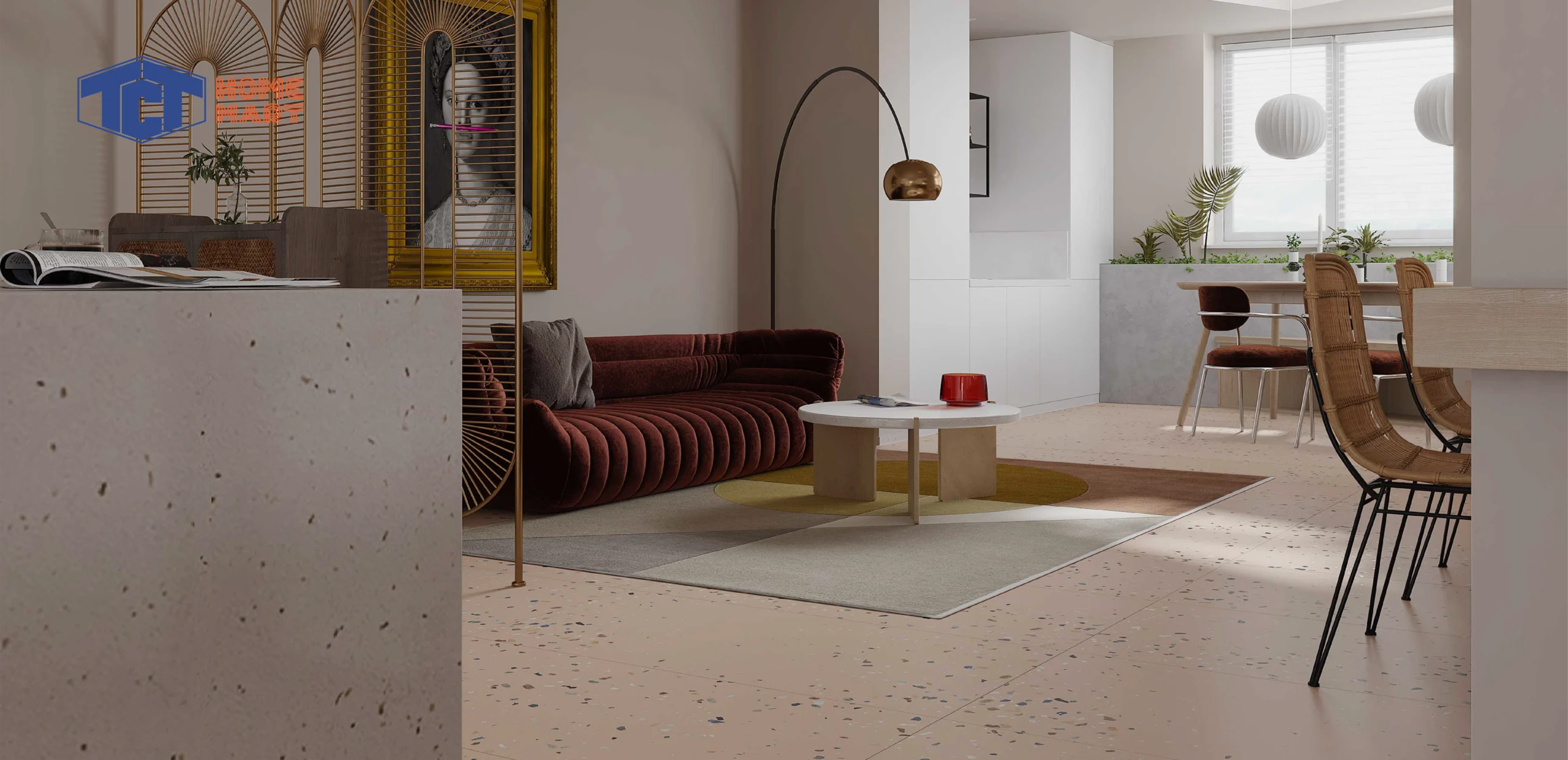 Phối cảnh phòng khách liên thông bếp của căn hộ cao cấp, sàn lát gạch Terrazzo 60x120cm màu kem xám nhạt với hạt đá mài mịn, ánh nắng tự nhiên chiếu qua khung cửa kính lớn.